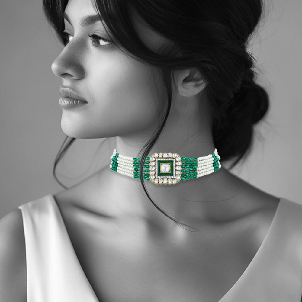 Polki Choker with Green Talaf, Emerald and Pearl Strands